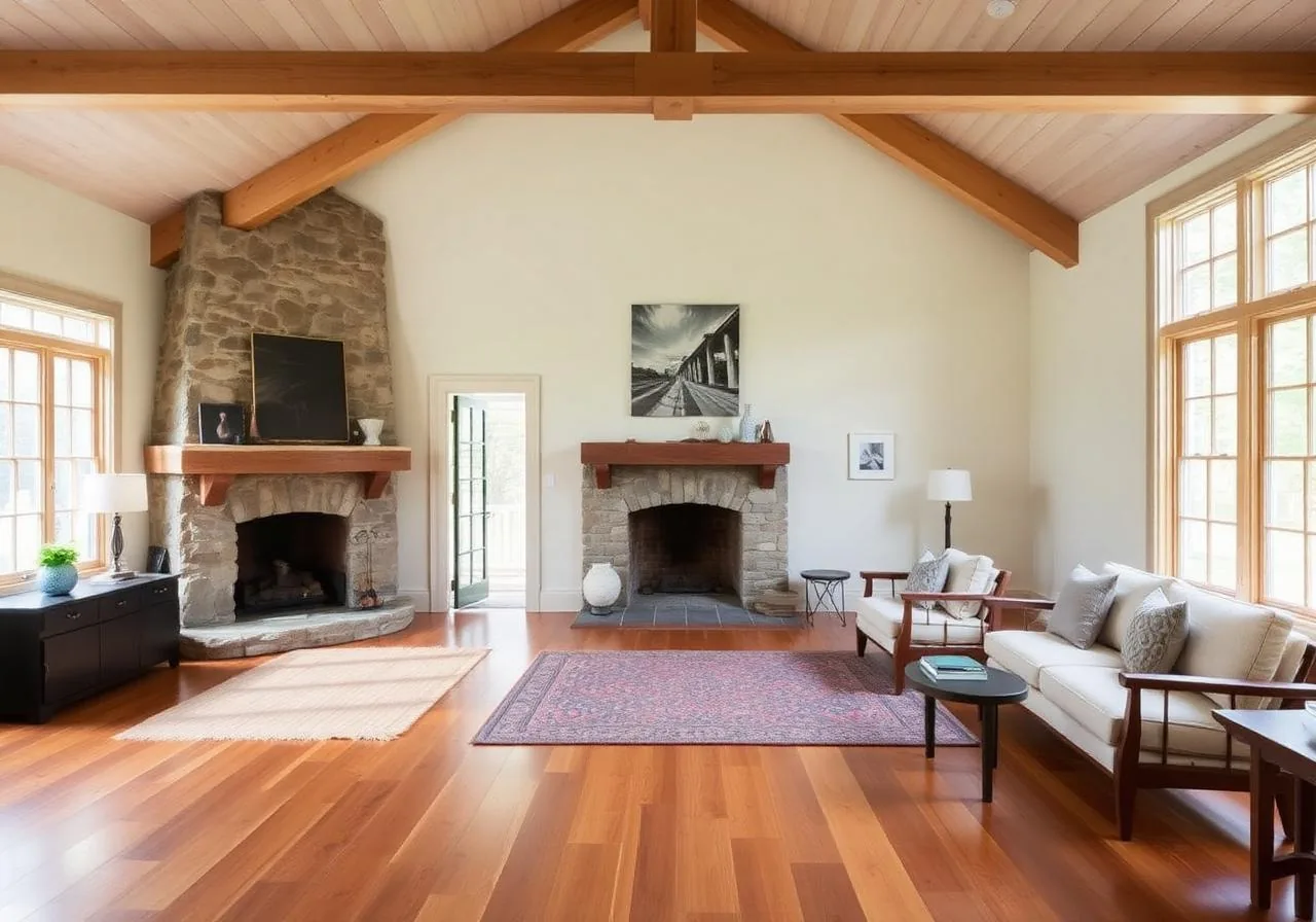 Renovated Hudson Valley farmhouse interior with stone fireplace